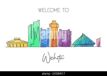 Un disegno a linea singola dello skyline di Wichita, Kansas, Stati Uniti. Paesaggio urbano per poster decorati con pareti. La migliore destinazione per le vacanze. Alla moda continua l Illustrazione Vettoriale