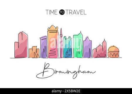 Una linea continua che disegna lo skyline di Birmingham, Alabama. Bella arte di riferimento. Turismo paesaggistico mondiale viaggi poster, cartolina. S Illustrazione Vettoriale