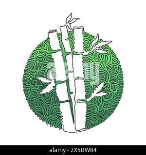 Una linea continua disegnando alberi di bambù per il logo piantagione. Pianta perenne a fiore sempreverde fresca per l'icona della pianta. Sfondo cerchio arricciatura turbolenza s Illustrazione Vettoriale