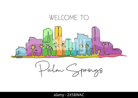 Una linea continua che disegna lo skyline di Palm Springs, California. Splendido punto di riferimento. Turismo paesaggistico mondiale viaggi casa decorazione murale stampa poster. St Illustrazione Vettoriale