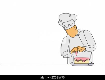 Disegno in linea singola di un giovane chef che decora la torta di compleanno con panna montata sulla cucina del ristorante. Concetto di cibo per prodotti da forno 1 l Illustrazione Vettoriale