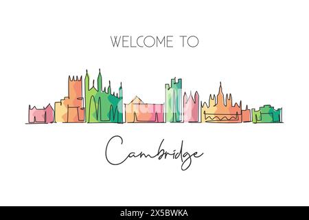 Disegno a linea singola continua dello skyline di Cambridge, Inghilterra. Il famoso paesaggio cittadino dei raschiatori. World Travel Home decor da parete Art poster print cep Illustrazione Vettoriale