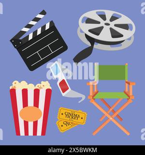Icone vettoriali del set cinematografico. illustrazione degli oggetti del regista cinematografico. icona vettoriale elementi cinematografici. Illustrazione Vettoriale