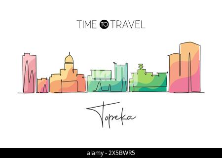 Una linea singola che disegna lo skyline di Topeka, Kansas. Il paesaggio storico della città. Cartolina delle migliori destinazioni di vacanza. Traccia modificabile per contorni alla moda Illustrazione Vettoriale