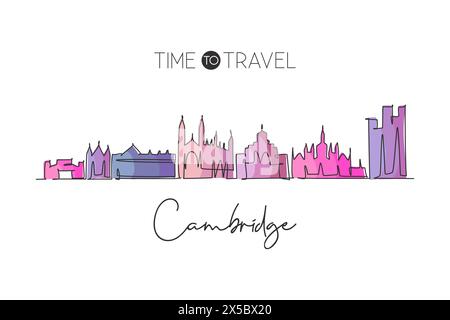 Un disegno continuo dello skyline di Cambridge, Inghilterra. Splendido punto di riferimento. Turismo paesaggistico mondiale viaggi casa decorazione murale stampa poster. Stile Illustrazione Vettoriale