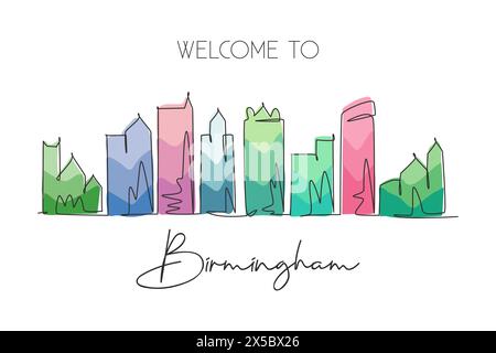 Un'unica linea di attrazione per visitare lo skyline di Birmingham, Alabama. Paesaggio urbano di bellezza mondiale. Cartolina delle migliori destinazioni di vacanza. Tratto modificabile alla moda Illustrazione Vettoriale