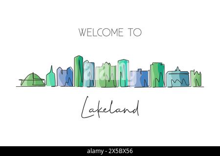 Disegno a linea singola continua dello skyline di Lakeland, Florida. Famoso cartello paesaggistico per raschiatori della città. Arredamento da parete, stampa di poster artistici Illustrazione Vettoriale