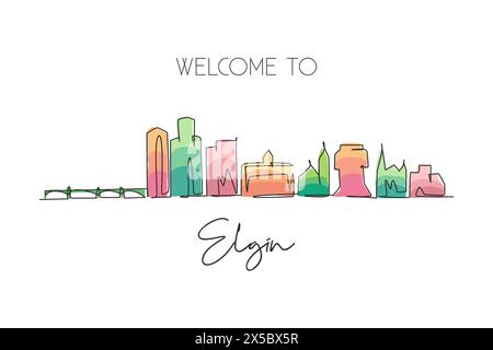 Una linea singola che disegna lo skyline di Elgin, Illinois. Il paesaggio storico della città. Cartolina delle migliori destinazioni di vacanza. Tratto modificabile alla moda conti Illustrazione Vettoriale