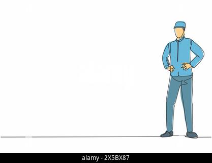 Disegno continuo di una linea di giovani e belli portiere in posa in piedi e in attesa degli ospiti dell'hotel. Professione professionale concetto minimalista. Cantate Illustrazione Vettoriale