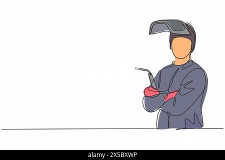 Disegno continuo di una linea di giovane saldatore maschio che indossa una maschera che posa le braccia incrociate sul petto. Professione professionale concetto minimalista. lin singolo Illustrazione Vettoriale