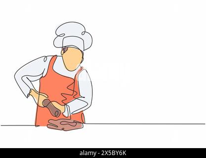 Disegno su una linea continua di un giovane chef maschio felice, condimento di carta salata frizzante nel piatto del pasto. Preparazione di alimenti biologici per il catering Illustrazione Vettoriale