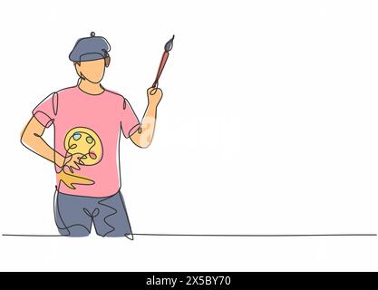 Disegno continuo su una linea di giovane pittore con cappuccio piatto che tiene pennello e tavolozza di colori. Professione professionale concetto minimalista. Singolo Illustrazione Vettoriale