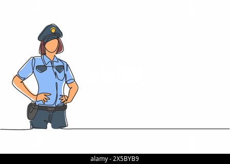 Un unico disegno continuo di una giovane bella poliziotta in uniforme che tiene le mani sull'anca. Occupazione professionale. Concetto di minimalismo o Illustrazione Vettoriale