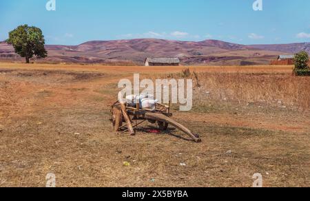 Zona di Antsirabe, Madagascar. 20 ottobre 2023. Strade del Madagascar. Percorso da Antsirabe attraverso piccoli villaggi, bestiame, un vecchio carro con bagagli senza Foto Stock