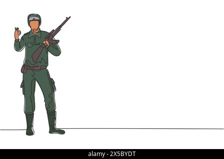 Soldato con un'unica linea continua che disegna il soldato con armi, uniforme completa e gesto va bene servire il paese con la forza delle forze militari. Dynami Illustrazione Vettoriale