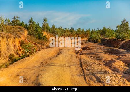 Strada rossa polverosa e fangosa in cattive condizioni con grandi fori e dossi formati dopo la pioggia. Percorsi estremamente negativi durante la stagione delle piogge nella regione vicino a Sendrisoa, Foto Stock