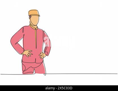 Disegno singolo di una fila di un giovane fattorino che indossa un costume per aspettare gli ospiti dell'hotel. Professione professionale e professione concetto minimo. Continua Illustrazione Vettoriale