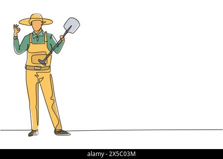 Una linea continua che attira un agricoltore maschio in piedi con un buon gesto, indossando un cappello di paglia e trasportando una pala per piantare i raccolti sui terreni agricoli. Business di successo. S Illustrazione Vettoriale