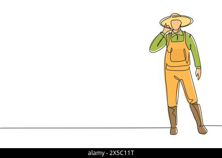 Un agricoltore che disegnava una linea continua stava con il gesto Call me, indossando un cappello di paglia e un'uniforme per piantare i raccolti sui terreni agricoli. Business di successo. Dinamica Illustrazione Vettoriale