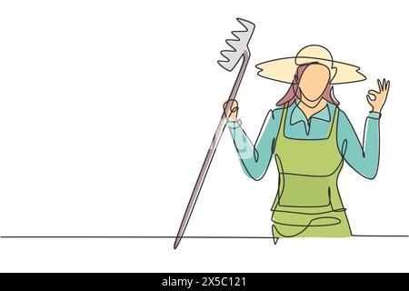 Una linea continua che attira un'agricoltrice con gesti corretti, indossando cappello di paglia e trasportando rastrello per lavorare nell'azienda. Concetto aziendale di successo. Singolo Illustrazione Vettoriale