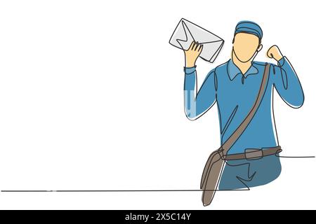 Un postino con disegno a linea continua e gesto celebrativo, con cappello, borsa imbracatura e uniforme, può contenere la busta da consegnare a casa. Dynami Illustrazione Vettoriale