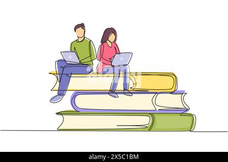 Disegno continuo su una linea accoppiato con un laptop seduto su una pila di libri insieme. Freelance, apprendimento a distanza, corsi online, concetto di studio. Cantate Illustrazione Vettoriale