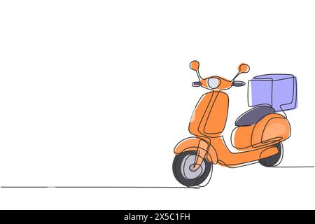 Scooter con disegno a linea continua singola con confezione. E-commerce, shopping online. Servizio di consegna online. Concetto di consegna rapida dei pacchi. Dinamico o Illustrazione Vettoriale