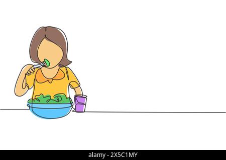 Una ragazza che disegna una sola linea che prepara un'insalata con forchetta intorno al tavolo. Felice e gusta la colazione al mattino. Cibo delizioso e sano. Moderno Illustrazione Vettoriale