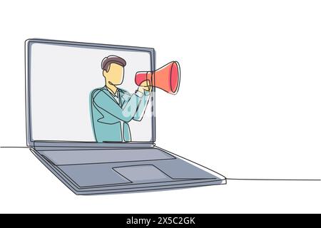 Una linea continua che disegna un giovane uomo che esce dallo schermo del notebook tenendo il megafono. Offerta di prodotti con sconti o sconti. Concetto di marketing. Singolo Illustrazione Vettoriale