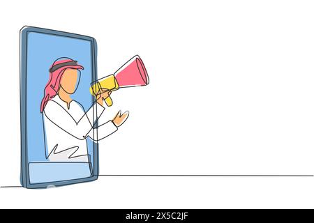 Continua una linea che disegna il giovane arabo che esce dallo schermo dello smartphone tenendo il megafono. Offerta di prodotti con sconti o concept di vendita. Cantate Illustrazione Vettoriale