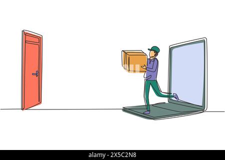 Il corriere maschio con disegno continuo su una linea esce dallo schermo del computer portatile mentre trasporta la confezione alla porta del cliente. Concetto di servizio di consegna online. Si Illustrazione Vettoriale