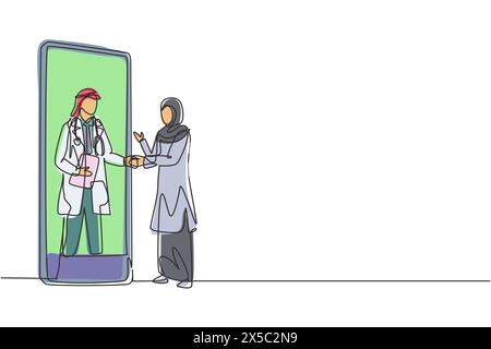 Linea singola continua che traccia hijab paziente che stringe la mano con un medico maschio nello smartphone che regge gli appunti. Concetto medico online. Attivazione dinamica Illustrazione Vettoriale