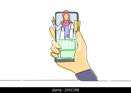 Una linea continua che disegna a mano tenendo lo smartphone e c'è un medico hijab che esce dallo schermo dello smartphone tenendo gli appunti. Consultazione online Illustrazione Vettoriale