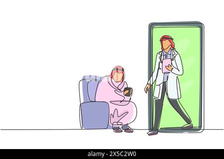 Una sola linea che disegna un paziente di sesso arabo seduto arricciato sul divano, usando la coperta, tenendo la tazza e c'è un medico maschio che esce dallo smartphone, Illustrazione Vettoriale