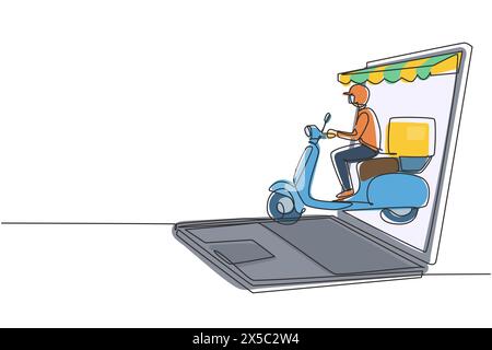 Linea singola continua disegnare il corriere che guida lo scooter che trasporta la confezione da un gigantesco schermo per laptop con tettoia. Servizio di consegna online. Attivazione dinamica Illustrazione Vettoriale