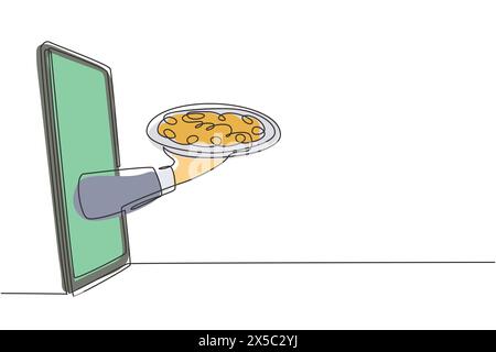 Una sola linea che estrae le mani dallo schermo dello smartphone con il vassoio aperto per servire la pizza. Ordina il cibo in formato digitale. Concetto di servizio di consegna online. Continua Illustrazione Vettoriale