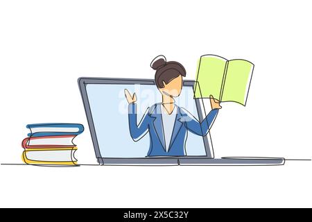 Una professoressa di disegno continua su una linea sta insegnando, metà del suo corpo è fuori dallo schermo del notebook e accanto a lei c'è una pila di libri. classe internet. Cantate Illustrazione Vettoriale