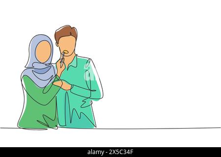 Una linea continua che disegna una romantica donna araba che dà da mangiare al marito per colazione. Festeggiate gli anniversari di matrimonio e godetevi momenti romantici a casa. S Illustrazione Vettoriale