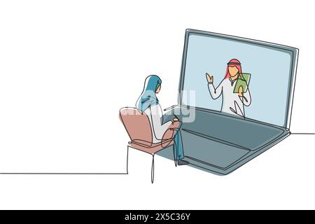 Una sola linea disegnando hijab studentessa seduta a studiare fissando lo schermo del laptop e all'interno del portatile c'è un docente arabo maschio che sta insegnando. Illustrazione Vettoriale