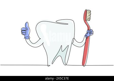 Una linea continua che disegna un dente gigante tiene in mano lo spazzolino e una delle sue mani fa un gesto con i pollici in alto. Simbolo della clinica odontoiatrica, igiene orale. Si Illustrazione Vettoriale