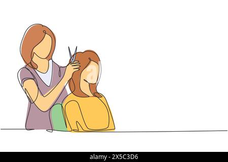 Disegno continuo a una linea per cambiare stile. Bella donna che parla di acconciatura con il suo parrucchiere che tiene le forbici mentre si siede in h Illustrazione Vettoriale