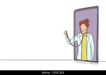 Il disegno continuo di una linea di un medico donna esce dallo schermo dello smartphone che regge lo stetoscopio. Servizi medici online, concetto di consultazione medica. S Illustrazione Vettoriale