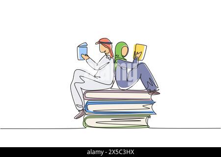 Una sola linea disegna studenti arabi donna e uomo che leggono, imparano e si siedono su grandi libri. Studio in biblioteca. Appassionati di letteratura o amanti. Contin Illustrazione Vettoriale
