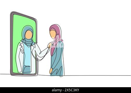 Un singolo disegno a linea continua hijab medico donna esce dallo schermo dello smartphone e controlla la frequenza cardiaca della paziente con uno stetoscopio. Dinamica Illustrazione Vettoriale