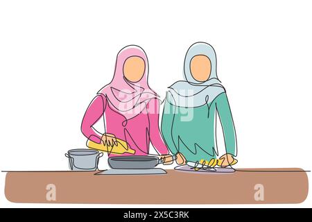 Una linea continua che disegna due donne arabe che versano olio di cottura dalla bottiglia alla padella sul piano cottura. Preparate il cibo in cucina. Cucinare a casa. Cantate Illustrazione Vettoriale