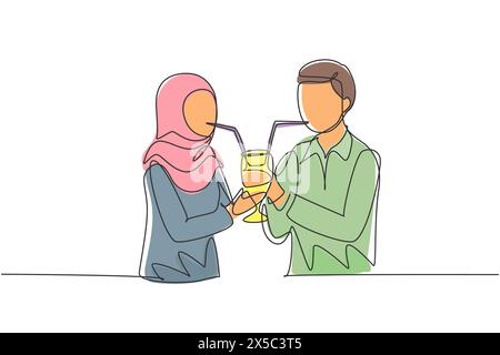 Linea singola continua che disegna insieme la giovane coppia araba che beve usando cannucce e grandi bicchieri. Festeggiate gli anniversari e godetevi una cena romantica. Illustrazione Vettoriale