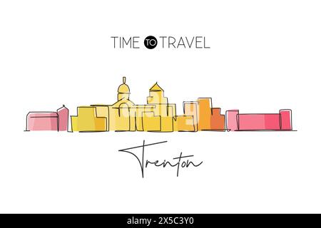 Linea continua che disegna lo skyline di Trenton, New Jersey. Splendido punto di riferimento. Mondo paesaggio turismo viaggi decorazione murale poster stampa arte. Elegante Illustrazione Vettoriale