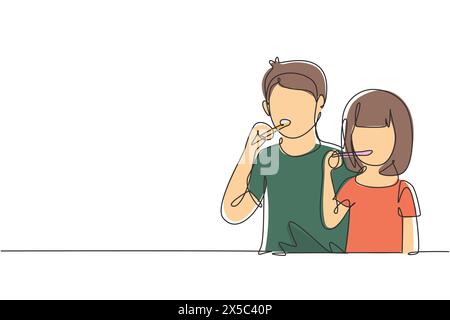 Linea singola continua disegnando due ragazzi e ragazze si lavano i denti in bagno. Abitudini di routine per la pulizia e la salute di bocca e denti. Illustrazione Vettoriale