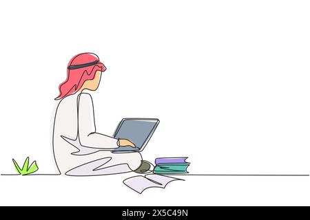 Una linea continua che attira studenti maschi arabi che studiano con un portatile, un mucchio di libri e si siedono al parco. Tornate a scuola, formazione online. Singolo Illustrazione Vettoriale