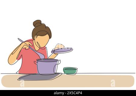 Una linea continua che attira una bellissima casalinga che si gode l'odore di cucina dalla pentola. Preparate il cibo in una cucina accogliente. Cucinare a casa. Cibo sano. Singolo Illustrazione Vettoriale